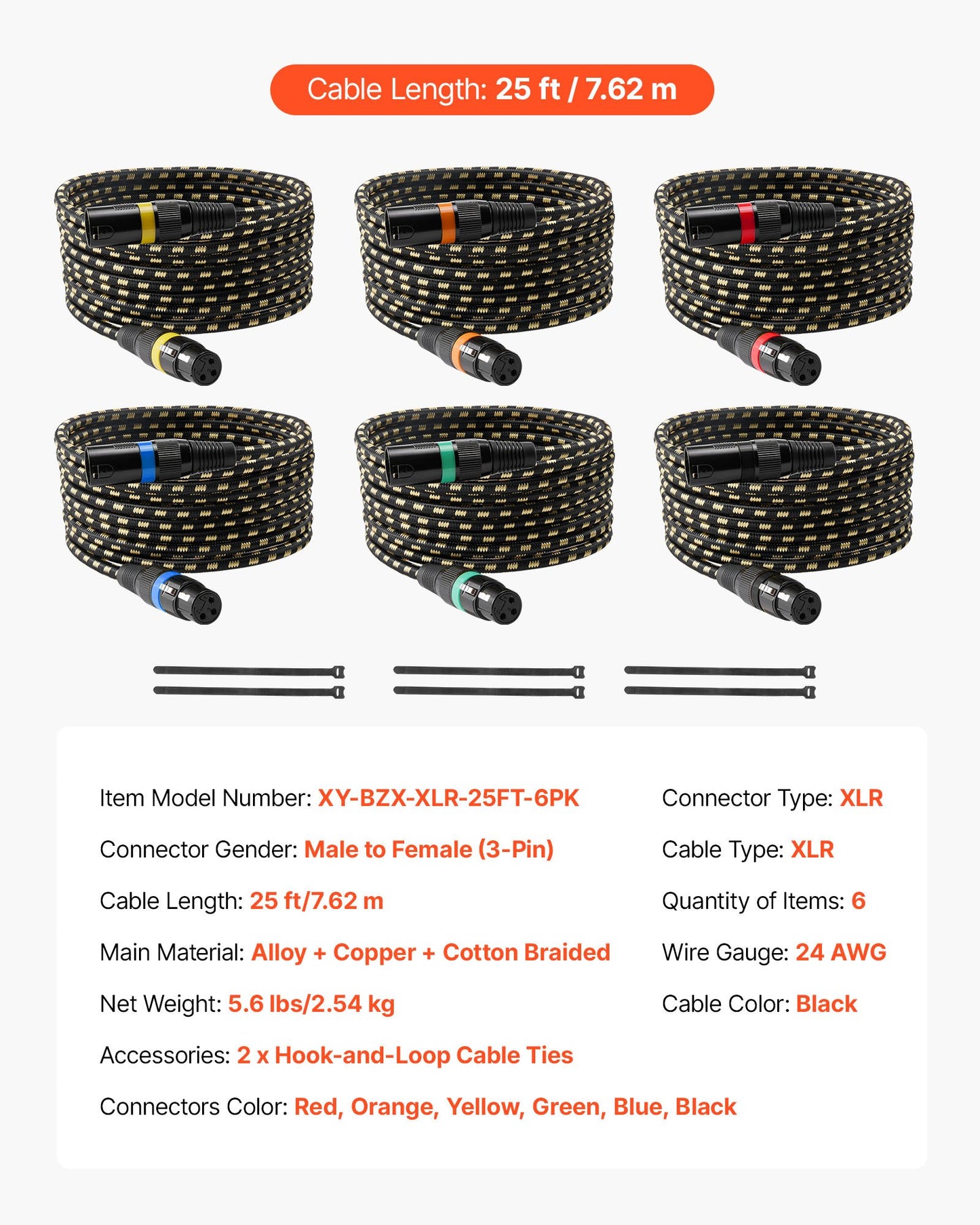 XLR Cable 25 ft, 6 Pack, Shielded Balanced DMX Male to Female Microphone Cables, Gold-Plated 3-Pin XLR Mic Speaker Cord Wires, for Stage Lighting, Microphones, Amplifier, Mixer, Speaker Systems