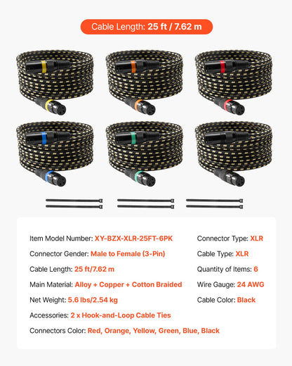 XLR Cable 25 ft, 6 Pack, Shielded Balanced DMX Male to Female Microphone Cables, Gold-Plated 3-Pin XLR Mic Speaker Cord Wires, for Stage Lighting, Microphones, Amplifier, Mixer, Speaker Systems