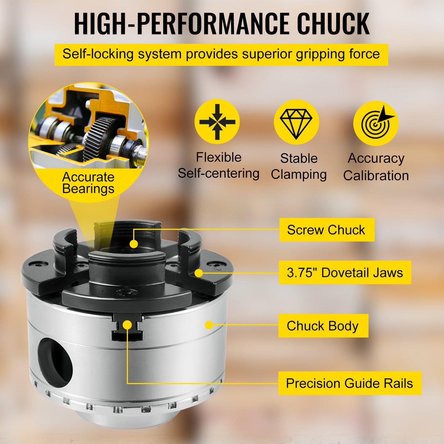 Svarvchuck 3,75-tums träsvarvningschuck 4 käftar svarvchucksats Nova svarvchuck träsvarvskålchuck med kvalitetstillbehör Konisk kugghjul och ett fodral för träbearbetning