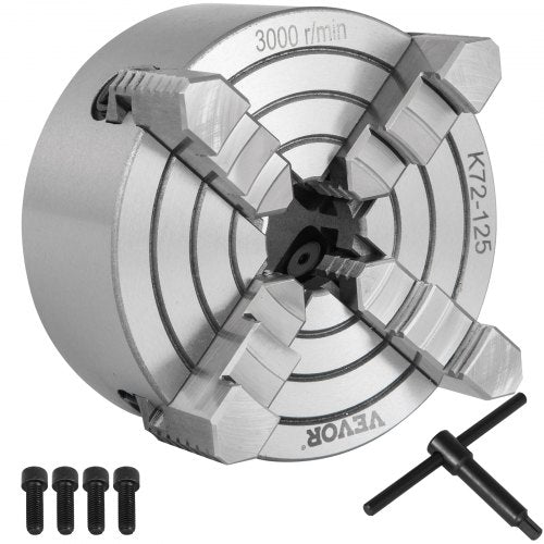 K72-125 Lathe Chuck, 5 Inch, 4-Jaw, Independent Metal Lathe Chuck with Reversible Jaw, Cast Iron Body, 0.276 -2.244 in Internal 1.89 -4.92 in External Jaw Clamping Range, for Lathes Machine