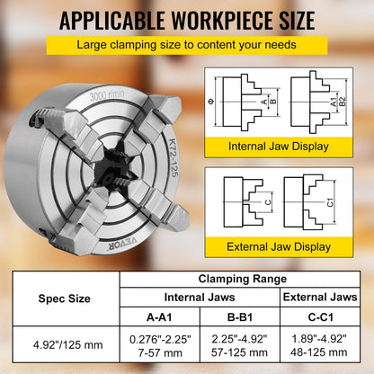 K72-125 Lathe Chuck, 5 Inch, 4-Jaw, Independent Metal Lathe Chuck with Reversible Jaw, Cast Iron Body, 0.276 -2.244 in Internal 1.89 -4.92 in External Jaw Clamping Range, for Lathes Machine