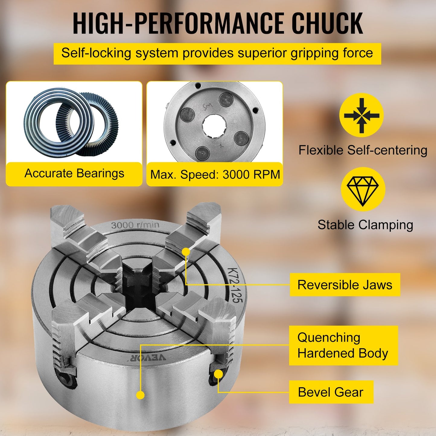 K72-125 Lathe Chuck, 5 Inch, 4-Jaw, Independent Metal Lathe Chuck with Reversible Jaw, Cast Iron Body, 0.276 -2.244 in Internal 1.89 -4.92 in External Jaw Clamping Range, for Lathes Machine