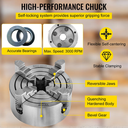 K72-125 Lathe Chuck, 5 Inch, 4-Jaw, Independent Metal Lathe Chuck with Reversible Jaw, Cast Iron Body, 0.276 -2.244 in Internal 1.89 -4.92 in External Jaw Clamping Range, for Lathes Machine