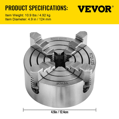 K72-125 Lathe Chuck, 5 Inch, 4-Jaw, Independent Metal Lathe Chuck with Reversible Jaw, Cast Iron Body, 0.276 -2.244 in Internal 1.89 -4.92 in External Jaw Clamping Range, for Lathes Machine