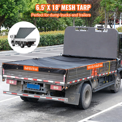 Dump Truck Mesh Tarp, 6.5 x 18 ft., PVC Coated Black Heavy Duty Cover with 5.5" 18 oz Double Pocket, Brass Grommets, Reinforced Double Needle Stitch Fabric Fits Manual or Electric Dumper System