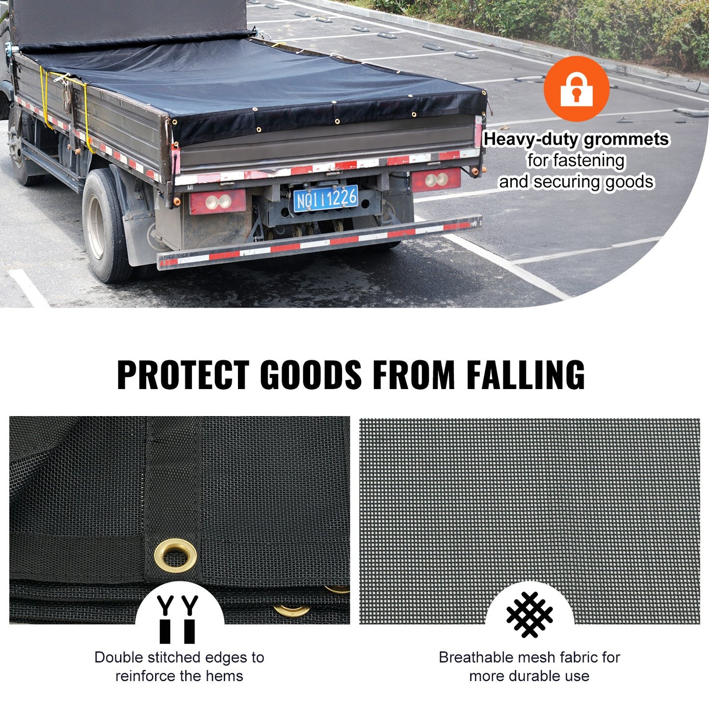 Dump Truck Mesh Tarp, 7.5x18 ft, PVC Coated Black Heavy Duty Cover with 5.5" 18oz Double Pocket, Brass Grommets, Reinforced Double Needle Stitch Webbing Fits Manual or Electric Dump Truck System