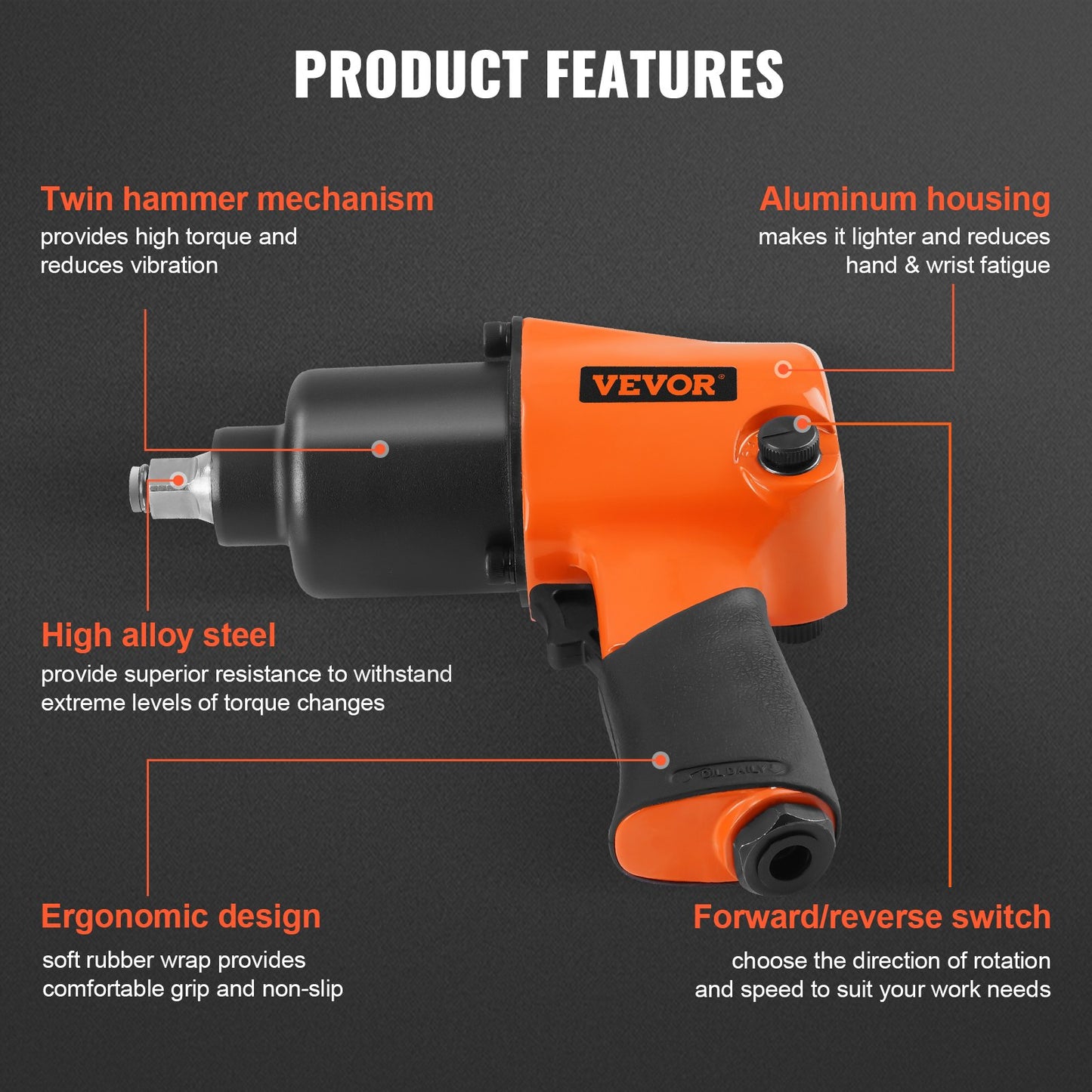 Air Impact Wrench, 1/2" Drive Air Impact Gun Up to 880ft-lbs Nut-busting Torque, 7500RPM Lightweight Pneumatic Tool for Auto Repairs and Maintenance