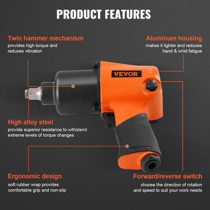 Air Impact Wrench, 1/2" Drive Air Impact Gun Up to 880ft-lbs Nut-busting Torque, 7500RPM Lightweight Pneumatic Tool for Auto Repairs and Maintenance