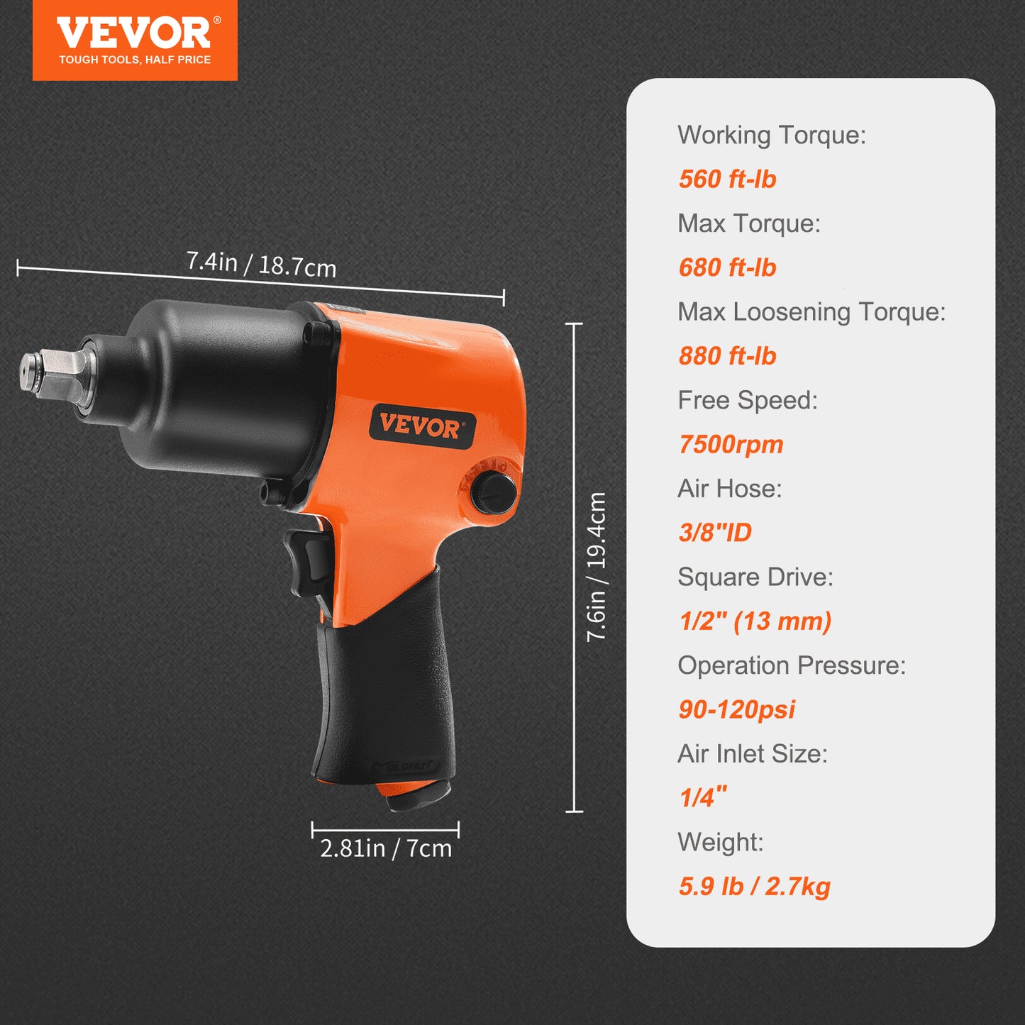 Air Impact Wrench, 1/2" Drive Air Impact Gun Up to 880ft-lbs Nut-busting Torque, 7500RPM Lightweight Pneumatic Tool for Auto Repairs and Maintenance