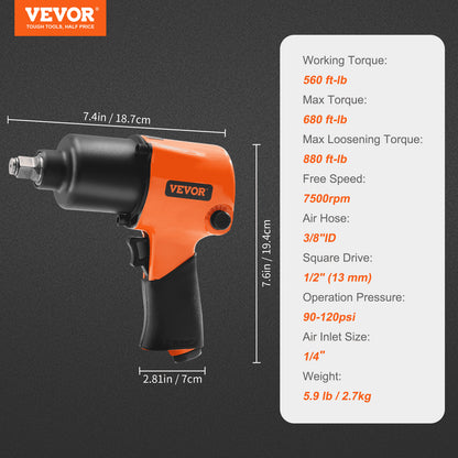 Air Impact Wrench, 1/2" Drive Air Impact Gun Up to 880ft-lbs Nut-busting Torque, 7500RPM Lightweight Pneumatic Tool for Auto Repairs and Maintenance