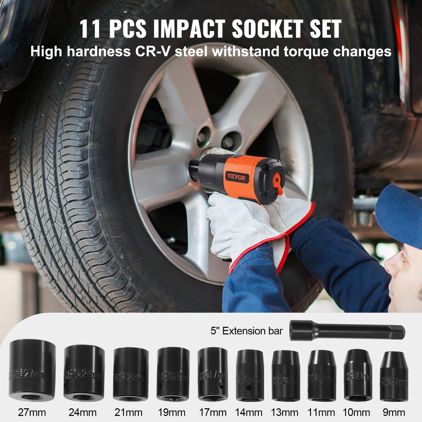 1/2-Inch Air Impact Wrench, High Torque Up to 1400 ft-lbs, Lightweight 4.6 lb Design Pneumatic Impact Gun with 11-PCS 1/2-Inch Drive CR-V Steel Impact Socket Set & Carrying Case