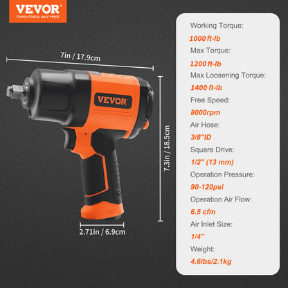 1/2-Inch Air Impact Wrench, High Torque Up to 1400 ft-lbs, Lightweight 4.6 lb Design Pneumatic Impact Gun with 11-PCS 1/2-Inch Drive CR-V Steel Impact Socket Set & Carrying Case