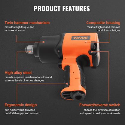 Air Impact Wrench, 3/4-Inch Drive Air Impact Gun, Up to 1870ft-lbs Nut-busting Torque, Composite Pneumatic Impact Wrench for Auto Repairs and Maintenance Heavy Duty