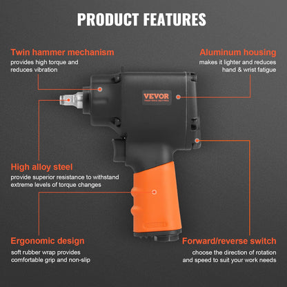 Air Impact Wrench, 3/8-Inch Drive Air Impact Gun, Up to 690ft-lbs Nut-busting Torque, Lightweight Pneumatic Impact Wrench for Auto Repairs and Maintenance