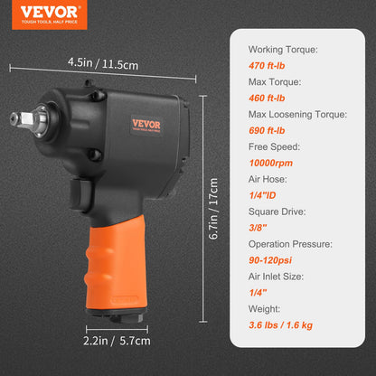Air Impact Wrench, 3/8-Inch Drive Air Impact Gun, Up to 690ft-lbs Nut-busting Torque, Lightweight Pneumatic Impact Wrench for Auto Repairs and Maintenance