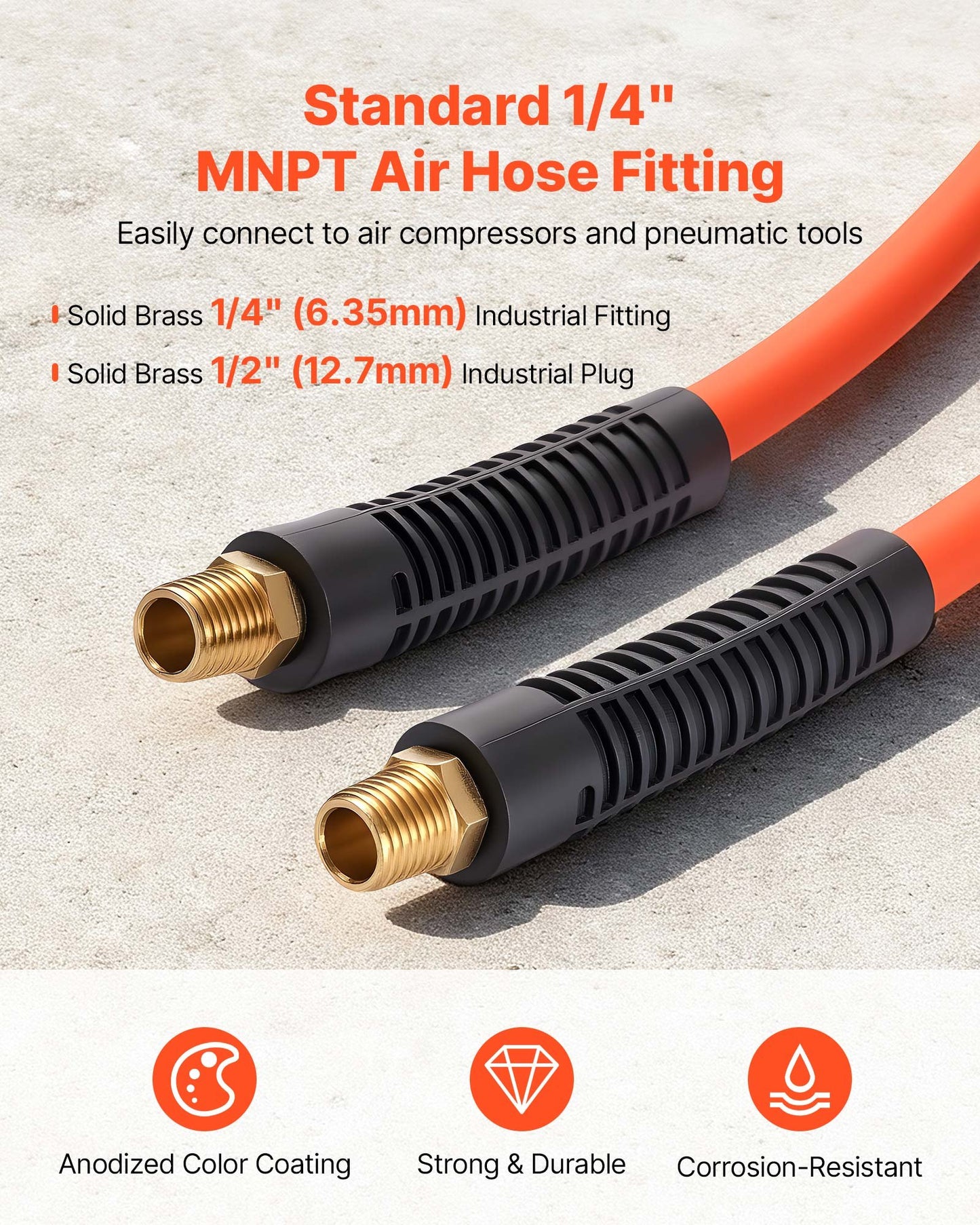 Air Hose, 1/4" x 25ft Hybrid Air Hose, Lightweight, Kink Resistant, Pneumatic Hoses with 1/4 inch Solid Brass Male Fittings, Three-Layer Hybrid Material, 300 PSI, All-Weather Flexibility, Orange