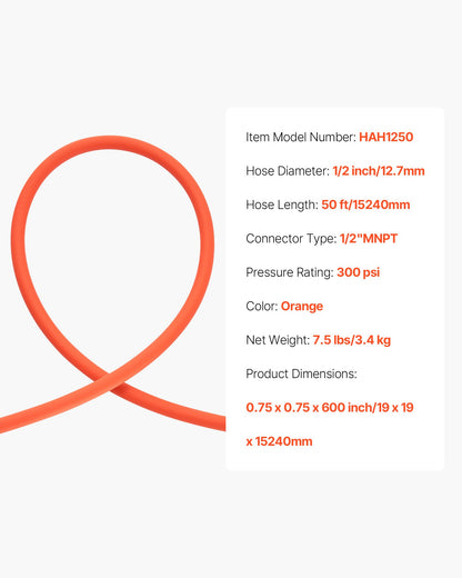 Air Hose, 1/2" x 50ft Hybrid Air Hose, Lightweight, Kink Resistant, Pneumatic Hoses with 1/2 inch Solid Brass Male Fittings, Three-Layer Hybrid Material, 300 PSI, All-Weather Flexibility, Orange