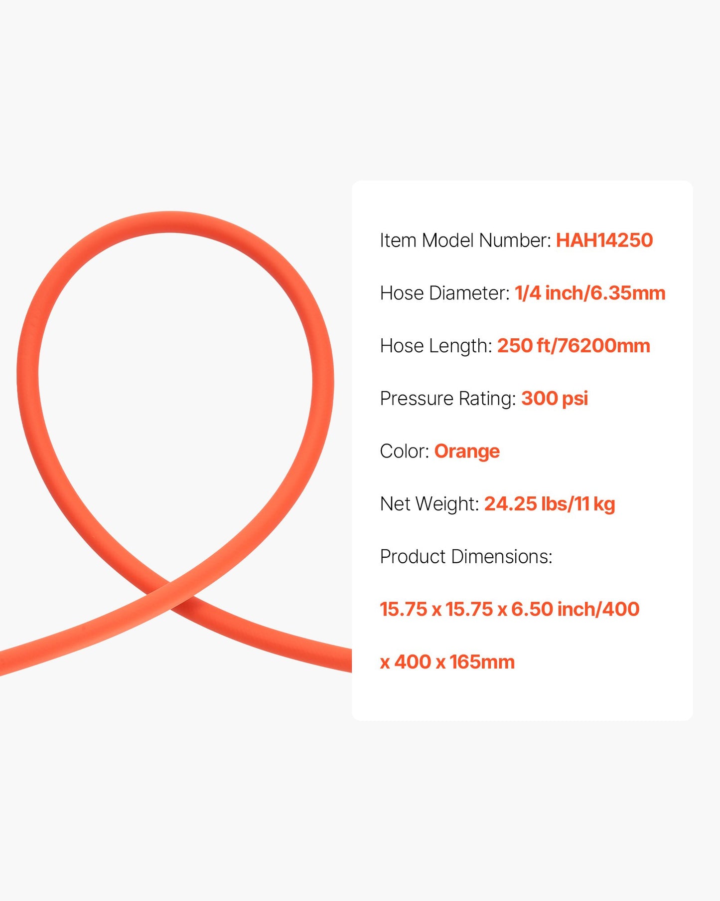 Air Hose, 1/4" x 250ft Hybrid Air Hose, Lightweight, Kink Resistant, Pneumatic Hoses with Three-Layer Hybrid Material for Auto, Home & Building, 300 PSI, All-Weather Flexibility, Orange