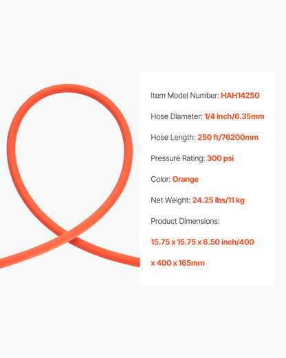 Air Hose, 1/4" x 250ft Hybrid Air Hose, Lightweight, Kink Resistant, Pneumatic Hoses with Three-Layer Hybrid Material for Auto, Home & Building, 300 PSI, All-Weather Flexibility, Orange