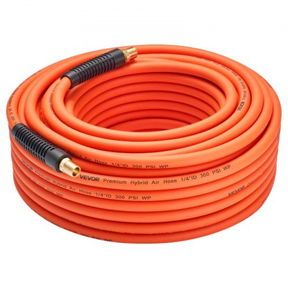 Air Hose, 1/4" x 100ft Hybrid Air Hose, Lightweight, Kink Resistant, Pneumatic Hoses with 1/4 inch Solid Brass Male Fitting, Three-Layer Hybrid Material, 300 PSI, All-Weather Flexibility, Orange