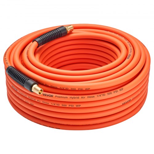 Air Hose, 1/4" x 100ft Hybrid Air Hose, Lightweight, Kink Resistant, Pneumatic Hoses with 1/4 inch Solid Brass Male Fitting, Three-Layer Hybrid Material, 300 PSI, All-Weather Flexibility, Orange