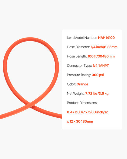 Air Hose, 1/4" x 100ft Hybrid Air Hose, Lightweight, Kink Resistant, Pneumatic Hoses with 1/4 inch Solid Brass Male Fitting, Three-Layer Hybrid Material, 300 PSI, All-Weather Flexibility, Orange