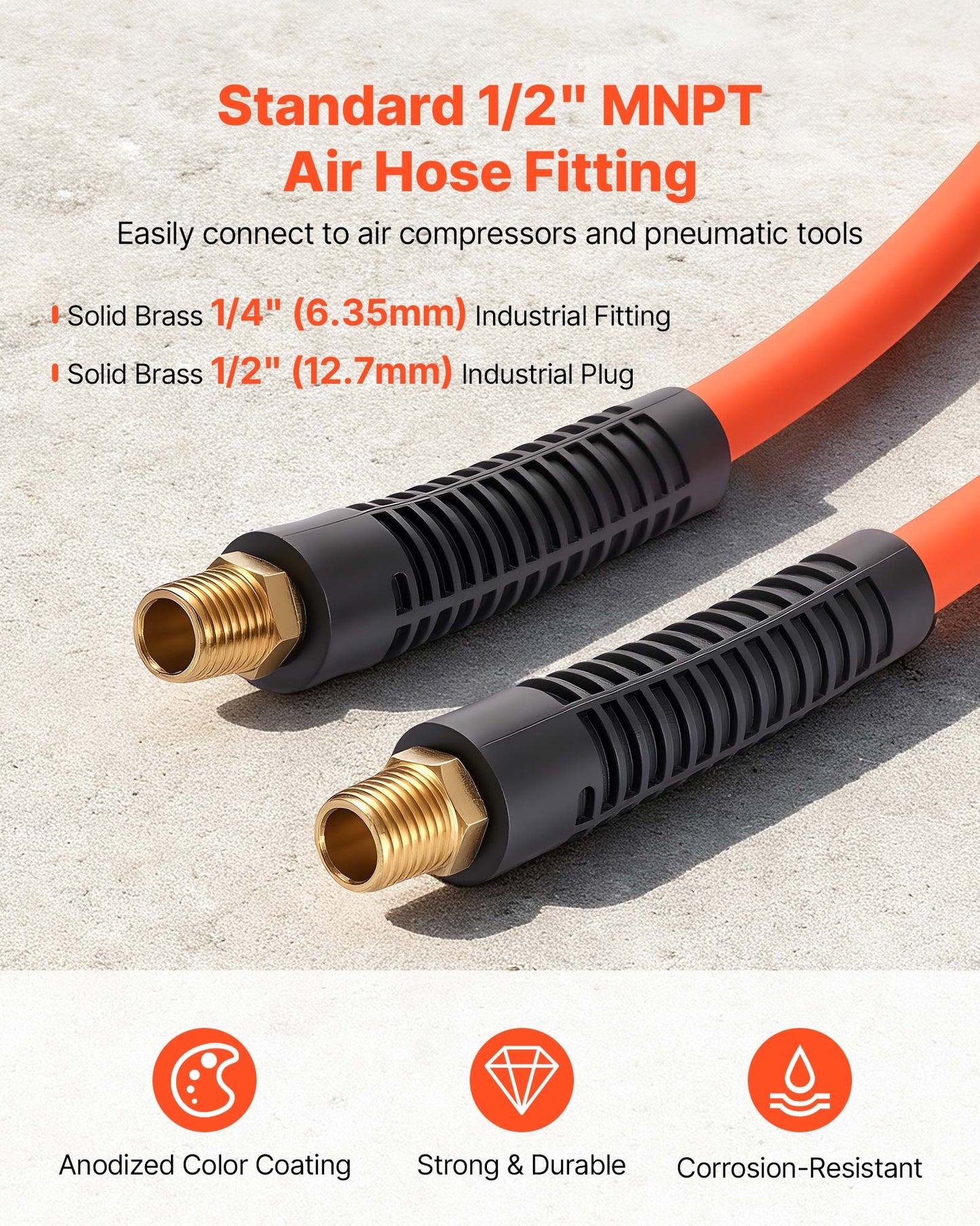 Air Hose, 1/2" x 100ft Hybrid Air Hose, Lightweight, Kink Resistant, Pneumatic Hoses with 1/2 inch Solid Brass Male Fitting, Three-Layer Hybrid Material, 300 PSI, All-Weather Flexibility, Orange