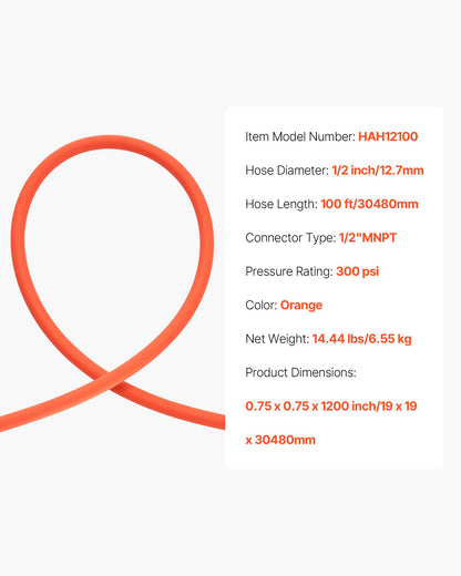 Air Hose, 1/2" x 100ft Hybrid Air Hose, Lightweight, Kink Resistant, Pneumatic Hoses with 1/2 inch Solid Brass Male Fitting, Three-Layer Hybrid Material, 300 PSI, All-Weather Flexibility, Orange
