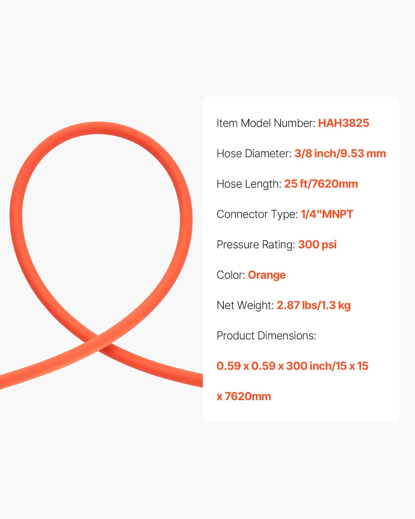 Air Hose, 3/8'' x 25ft Hybrid Air Hose, Lightweight, Kink Resistant, Pneumatic Hoses with 1/4 inch Solid Brass Male Fitting, Three-Layer Hybrid Material, 300 PSI, All-Weather Flexibility, Orange