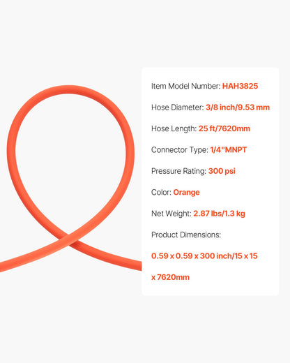 Air Hose, 3/8'' x 25ft Hybrid Air Hose, Lightweight, Kink Resistant, Pneumatic Hoses with 1/4 inch Solid Brass Male Fitting, Three-Layer Hybrid Material, 300 PSI, All-Weather Flexibility, Orange