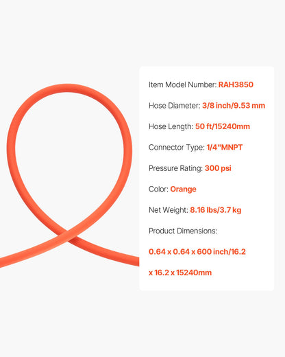 Air Hose, 3/8'' x 50ft Hybrid Air Hose, Lightweight, Kink Resistant, Pneumatic Hoses with 1/4 inch Solid Brass Male Fitting, Three-Layer Hybrid Material, 300 PSI, All-Weather Flexibility, Orange