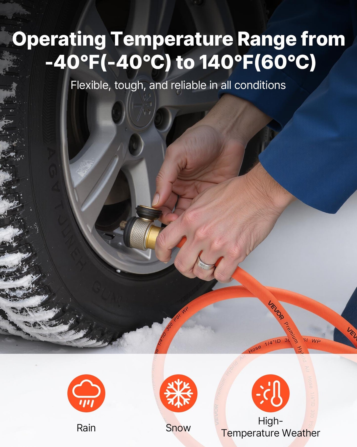 Air Hose, 3/8'' x 250ft Hybrid Air Hose, Lightweight, Kink Resistant, Pneumatic Hoses with Three-Layer Hybrid Material for Auto, Home & Building, 300 PSI, All-Weather Flexibility, Orange