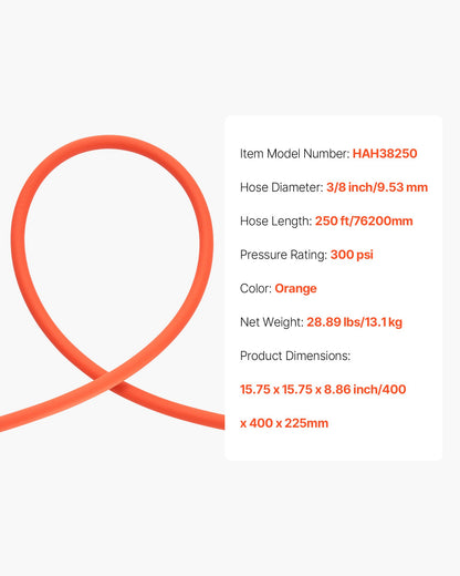 Air Hose, 3/8'' x 250ft Hybrid Air Hose, Lightweight, Kink Resistant, Pneumatic Hoses with Three-Layer Hybrid Material for Auto, Home & Building, 300 PSI, All-Weather Flexibility, Orange