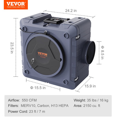 Air Scrubber with 3-Stage Filtration, Stackable Negative Air Machine 550 CFM, Air Cleaner with MERV10, Carbon, H13 HEPA, for Home, Industrial and Commercial Use