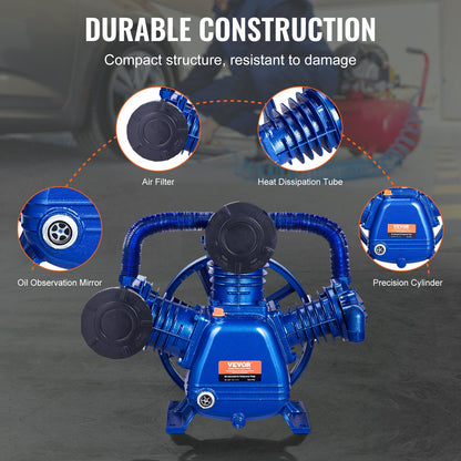 Air Compressor Pump Head, 10HP 17.5CFM @ 90PSI, 3-Cylinder Oil Lubricated Air Compressor Piston Pump Head, Dual Stage V-Type Cast Iron Air Compressor Pump Replacement with Max. 185PSI Pressure