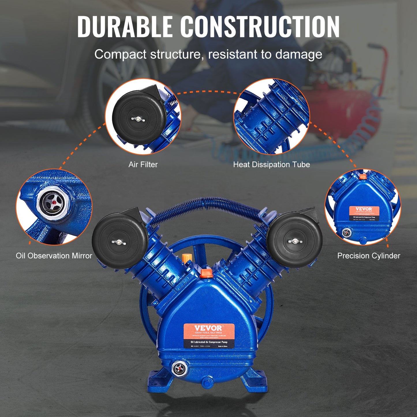 Air Compressor Pump Head, 3HP 6.25CFM @ 90PSI, Twin Cylinder Oil Lubricated Air Compressor Piston Pump Head, Single Stage V-Type Cast Iron Air Compressor Pump Replacement with Max. 116PSI Pressure