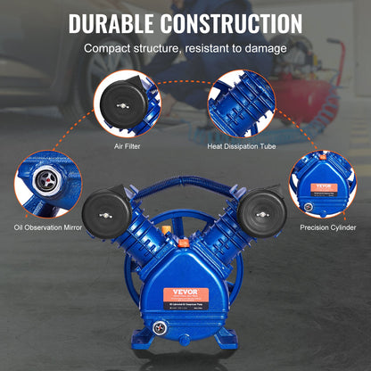 Air Compressor Pump Head, 3HP 6.25CFM @ 90PSI, Twin Cylinder Oil Lubricated Air Compressor Piston Pump Head, Single Stage V-Type Cast Iron Air Compressor Pump Replacement with Max. 116PSI Pressure