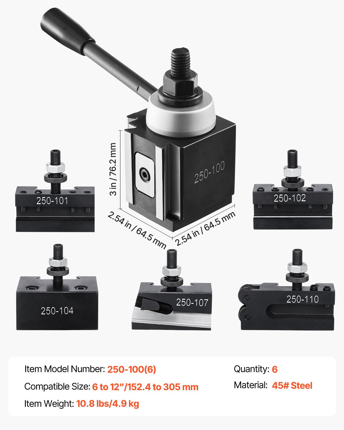 Quick Change Tool Post Set, 6 Pcs, Includes Lathe Tool Holders, Wedge Type Tool Post with Turning Tool Holder Accessories, Fit for Mini Lathe & Metal Lathe 6"-12" Swing, Durable Steel Material