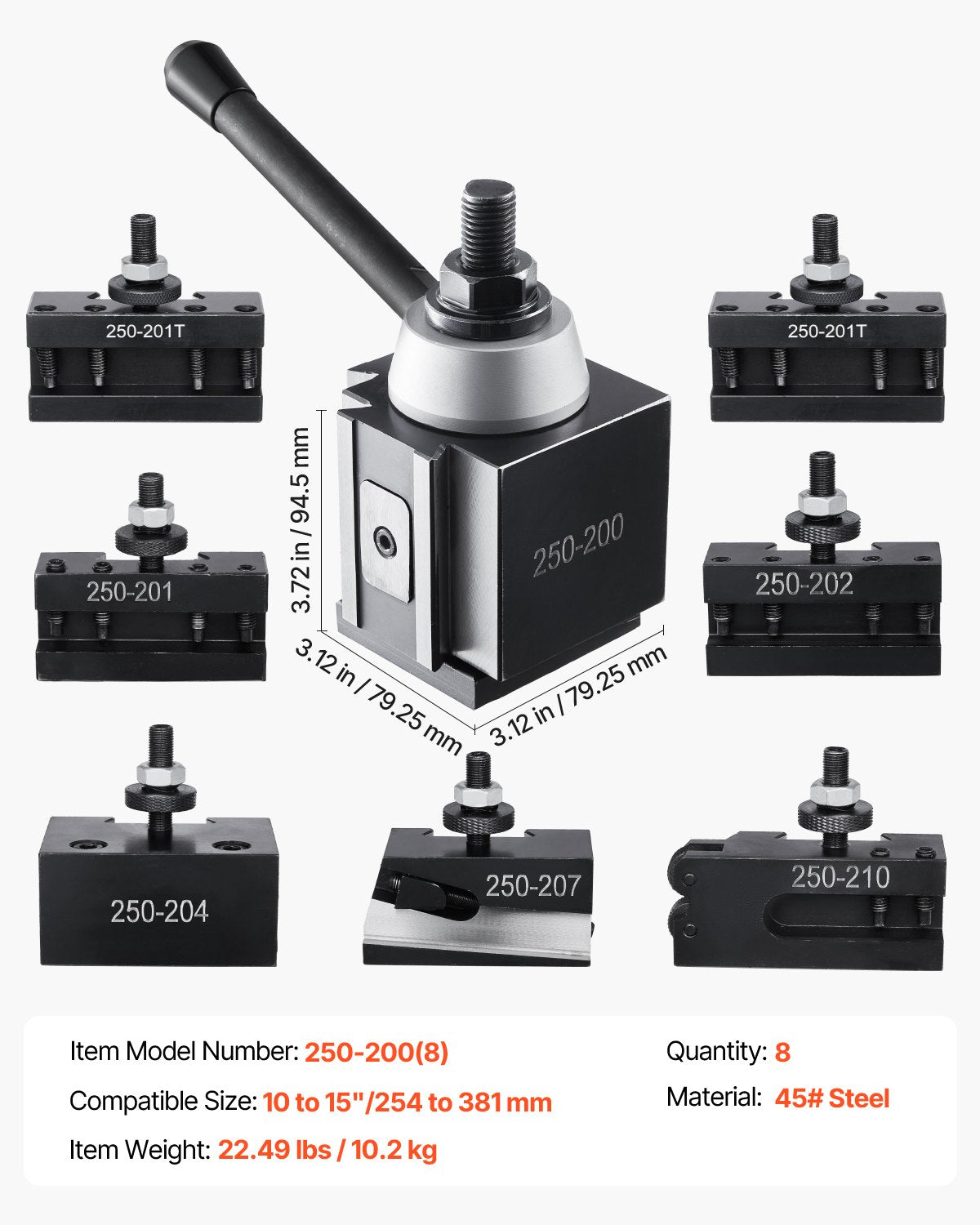 Quick Change Tool Post Set, 8 Pcs, Includes Lathe Tool Holders, Wedge Type Tool Post with Turning Tool Holder Accessories, for Mini Lathe & Metal Lathe 10"-15" Swing, Durable Steel Material