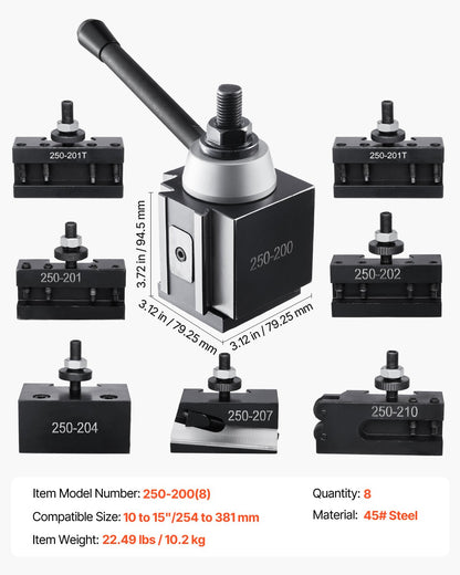 Quick Change Tool Post Set, 8 Pcs, Includes Lathe Tool Holders, Wedge Type Tool Post with Turning Tool Holder Accessories, for Mini Lathe & Metal Lathe 10"-15" Swing, Durable Steel Material