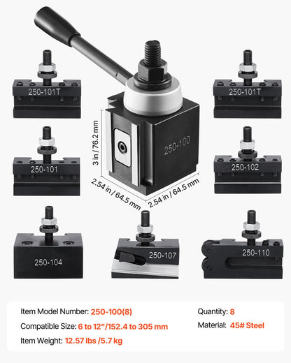 Quick Change Tool Post Set, 8 Pcs, Includes Lathe Tool Holders, Wedge Type Tool Post with Turning Tool Holder Accessories, Fit for Mini Lathe & Metal Lathe 6"-12" Swing, Durable Steel Material