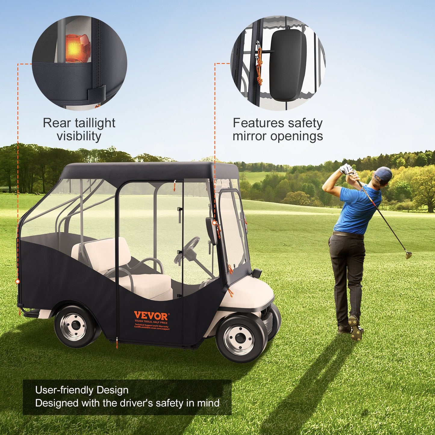 Golf Cart Enclosure, 420D Polyester Driving Enclosure with 4-Sided Transparent Windows, 4 Passenger Club Car Covers for 2+2 Passenger Golf Carts, Sunproof and Dustproof Outdoor Cart Cover