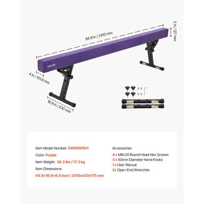 Justerbar Balansbom för Barn, 2,4 m Gymnastikbom, Höga och Låga Golvbalkar med 5 Justerbara Höjder för Alla Gymnastiknivåer, Professionell Gymnastikutrustning för Hemma och Gym, Lila |  EU
