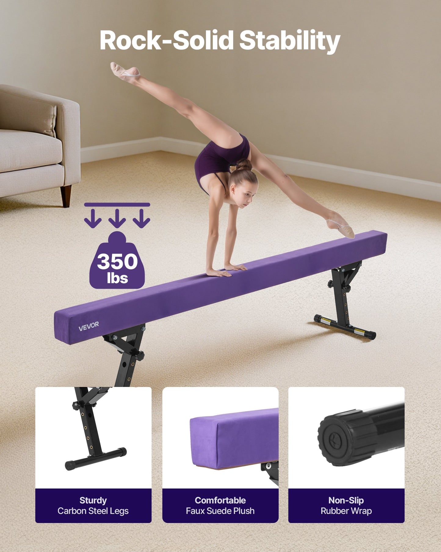 Adjustable Balane Beam for Kids, 8FT Gymnastics Beam, High and Low Floor Beams of 5 Adjustable Heights for All Gymnastic Levels, Professional Gymnastic Equipment for Home and Gym Center, Purple