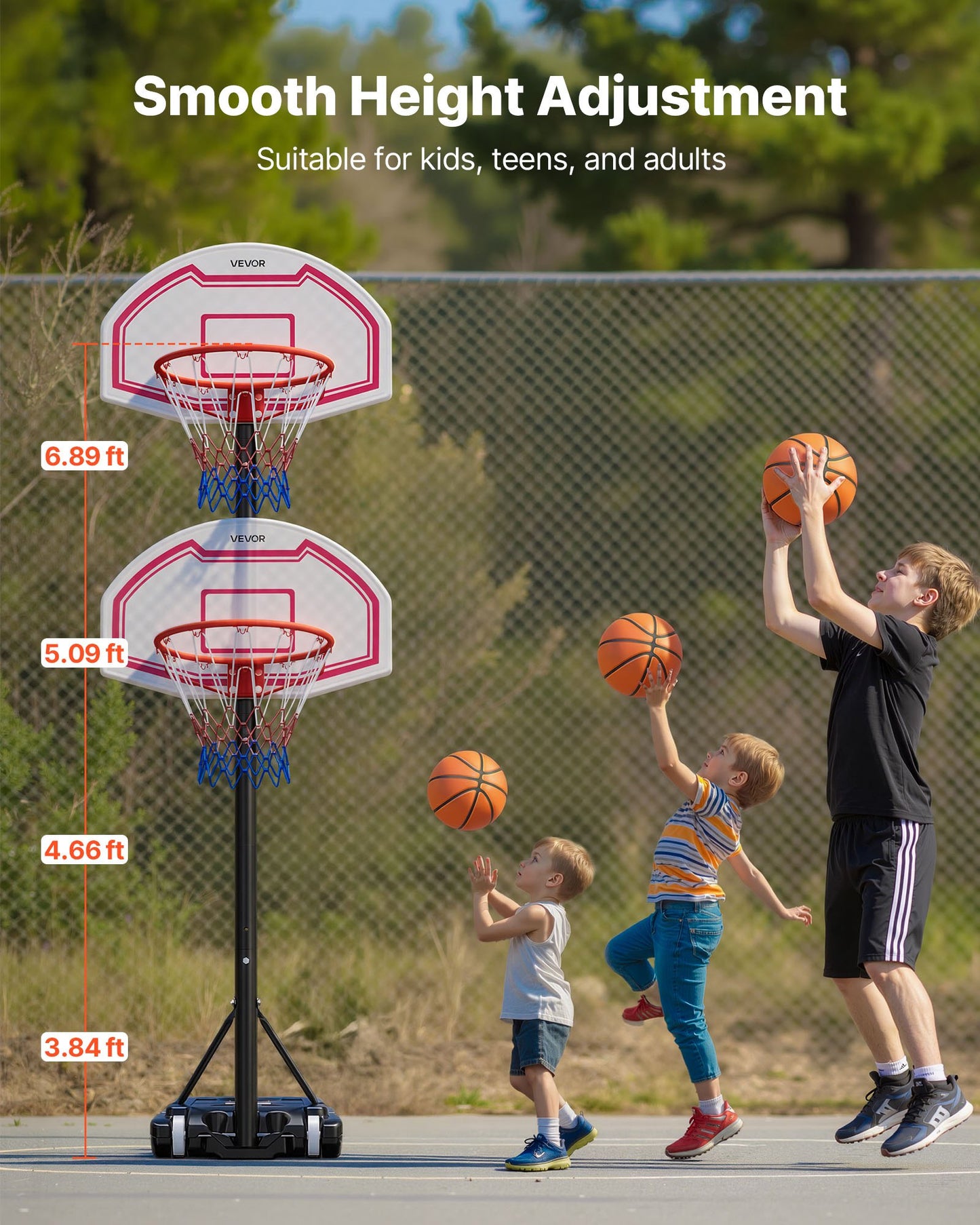Portable Basketball Stand, 5.2 to 6.9 ft Height Adjustment Basketball Hoop & Goal, Kids Adjustable Basketballs Hoop with Nylon Net & Rolling Wheels, Portable Backboard Set for Patios, Poolside