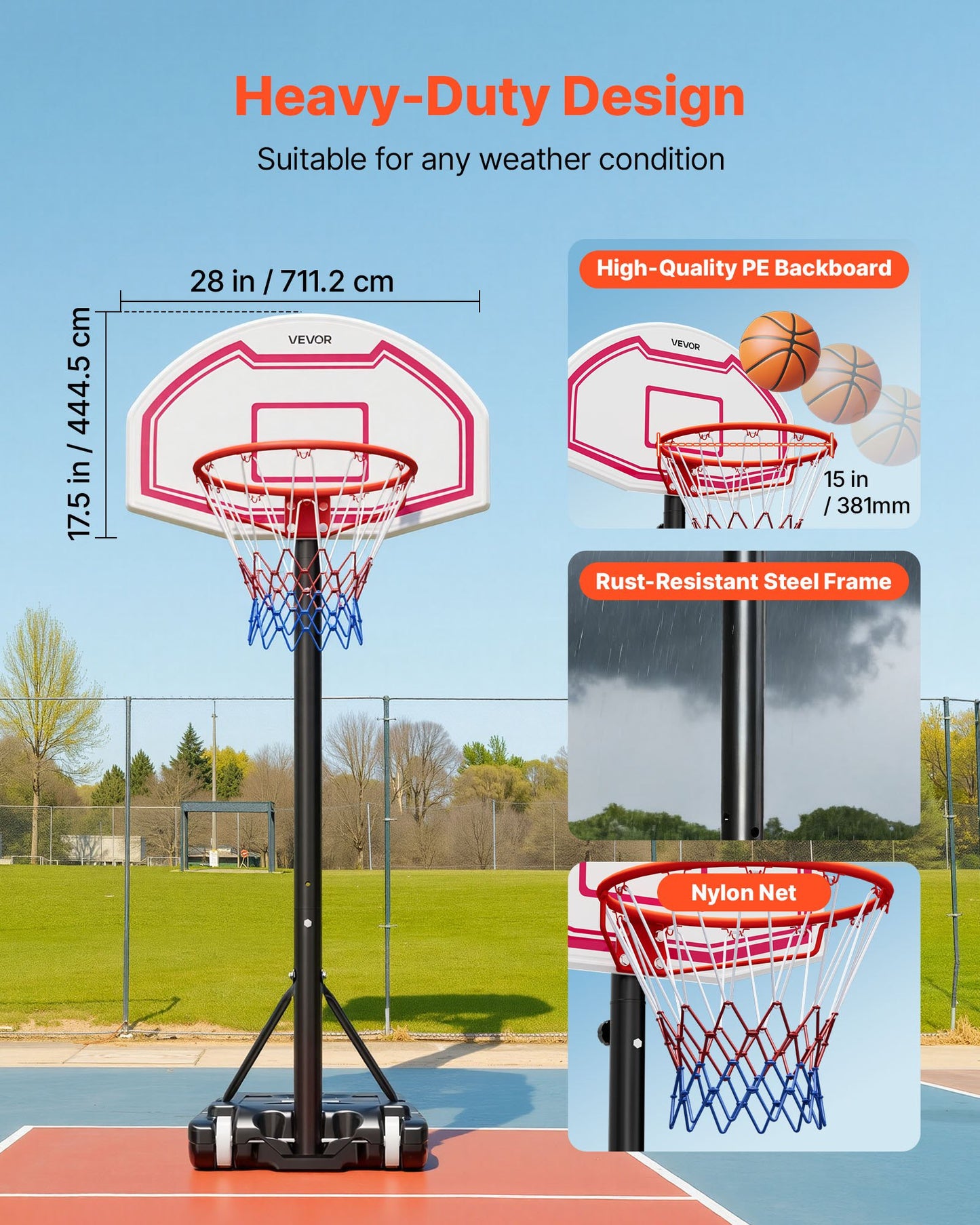 Portable Basketball Stand, 5.2 to 6.9 ft Height Adjustment Basketball Hoop & Goal, Kids Adjustable Basketballs Hoop with Nylon Net & Rolling Wheels, Portable Backboard Set for Patios, Poolside