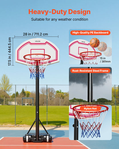 Portable Basketball Stand, 5.2 to 6.9 ft Height Adjustment Basketball Hoop & Goal, Kids Adjustable Basketballs Hoop with Nylon Net & Rolling Wheels, Portable Backboard Set for Patios, Poolside
