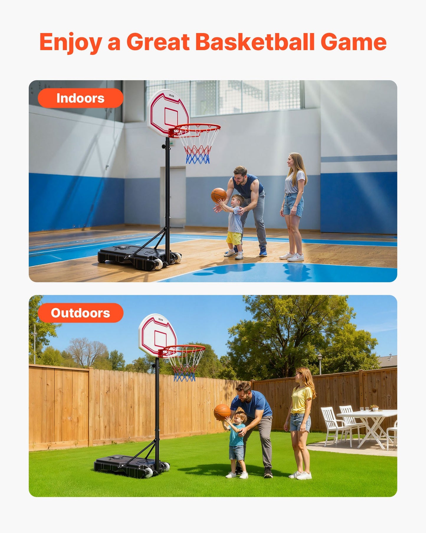 Portable Basketball Stand, 5.2 to 6.9 ft Height Adjustment Basketball Hoop & Goal, Kids Adjustable Basketballs Hoop with Nylon Net & Rolling Wheels, Portable Backboard Set for Patios, Poolside
