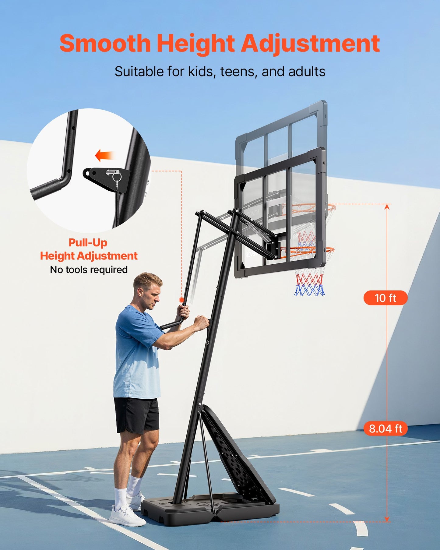 Portable Basketball Stand, 8.04 to 10 ft Height Adjustment Basketball Hoop & Goal, Basketballs Hoop Outdoor with 44 inch PC Backboard for Kids, Adults in Schools, Parks, Indoor & Outdoor Use