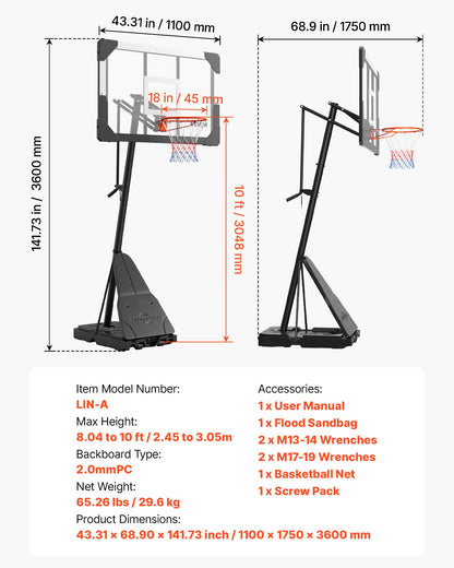 Portable Basketball Stand, 8.04 to 10 ft Height Adjustment Basketball Hoop & Goal, Basketballs Hoop Outdoor with 44 inch PC Backboard for Kids, Adults in Schools, Parks, Indoor & Outdoor Use